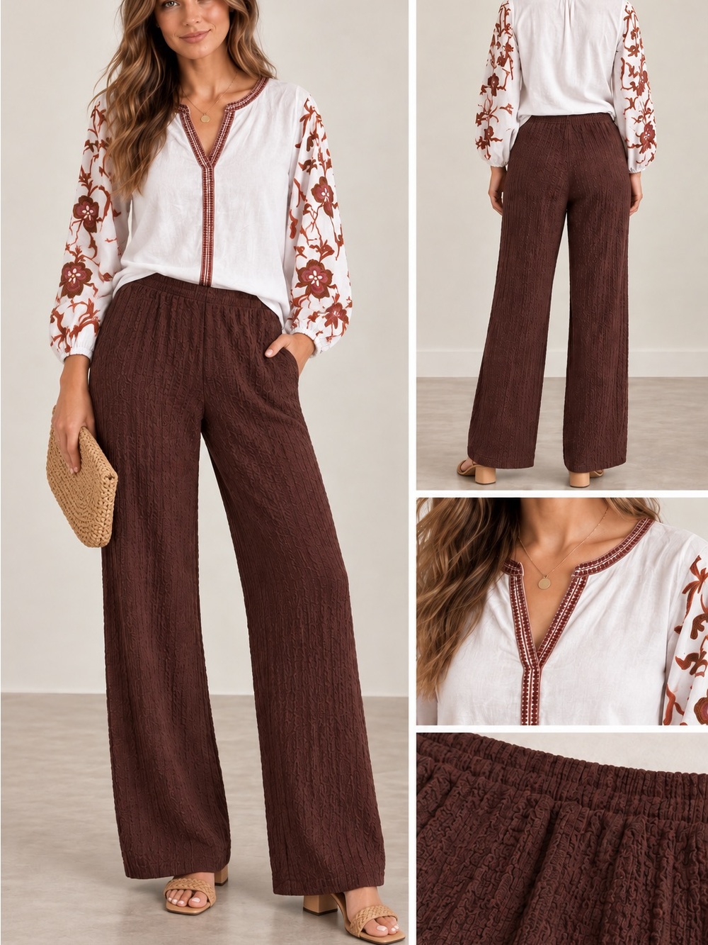 See You Monday Chocolate Brown Wide-Leg Textured Pants